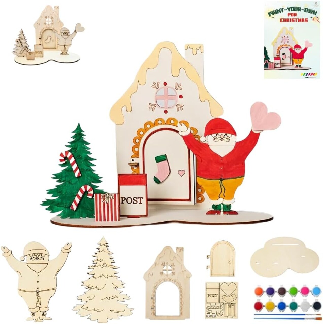 DlY Wooden Christmas Ornaments Paint Kit, Unfinished Wood Crafts Kit with Christmas Tree&Santa-Wooden Holiday Craft Set for Christmas Decorations